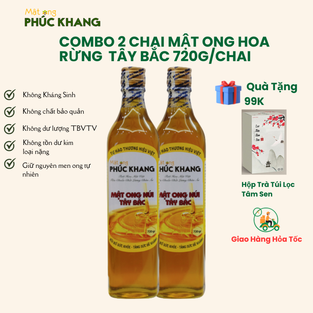 Mật ong rừng Tây Bắc Phúc Khang 720g - Combo 2 Chai thủy tinh - Thu hoạch tự nhiên - Đạt chuẩn xuất khẩu