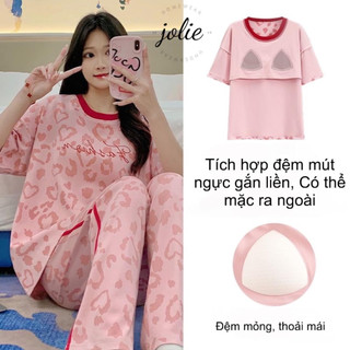  Bộ Ngủ Áo Cộc Quần Dài Có Đệm Ngực 100% Cotton Siêu Co Giãn Thoáng Khí Mềm Mại 