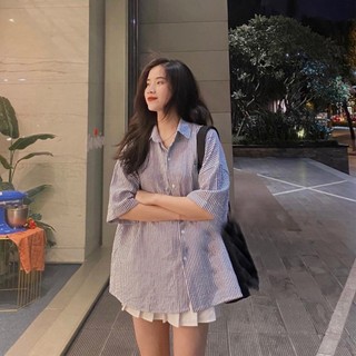 Áo sơ mi nữ form rộng tay lỡ basic, Áo sơ mi kẻ sọc xốp trơn oversize phong cách Hàn Quốc, SOMIT02