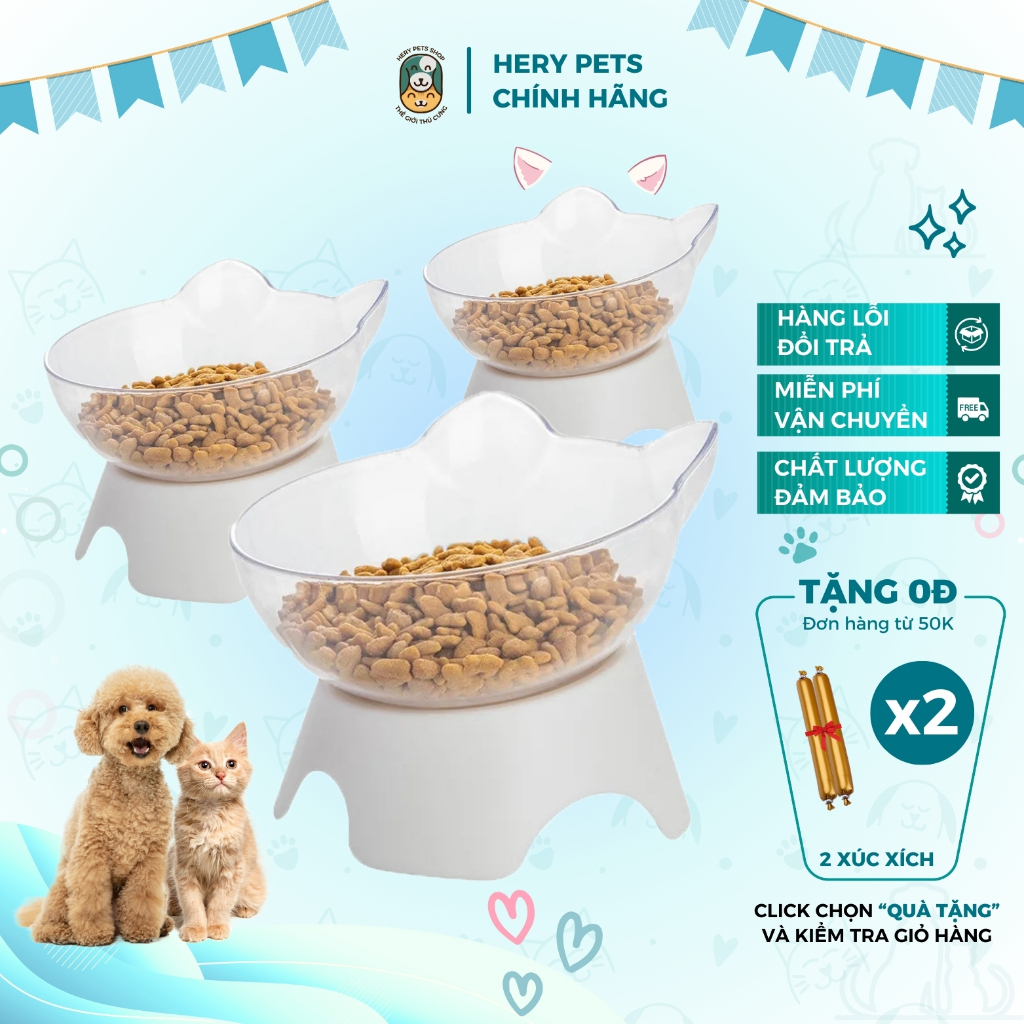 Bát Ăn Đơn Chống Gù Có Đế Nghiêng Thiết Kế Tai Mèo Sang Chảnh, Chén Ăn Cho Thú Cưng - Hery Pets