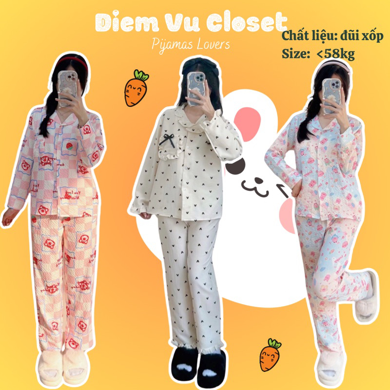 Pijama đũi xốp/ đũi Thái, bộ ngủ nữ mặc nhà tay dài