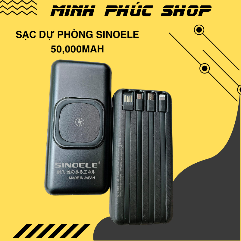 Sạc Dự Phòng không dây SINOELE, Sạc dự phòng  Japan 50.000 mah pin trâu kèm cáp sạc mẫu mới 2024 - Minh Phúc shop