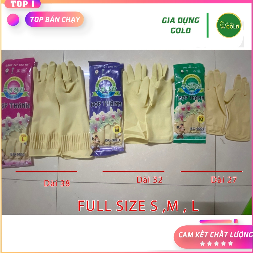 Găng tay cao su Hợp Thành dài 32cm size S, M, L dùng rửa chén, rửa bát 27-38cm