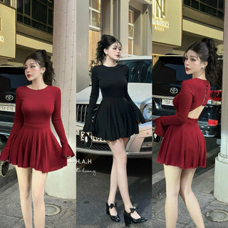 ĐẦM TAY DÀI LOE CỔ TRÒN HỞ LƯNG DÁNG NGẮN XOÈ SEXY