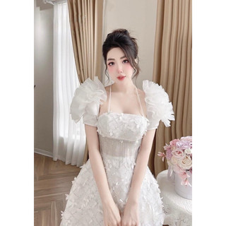 đầm ren hoa nổi chữ a tay phồng đính đá dự tiệc