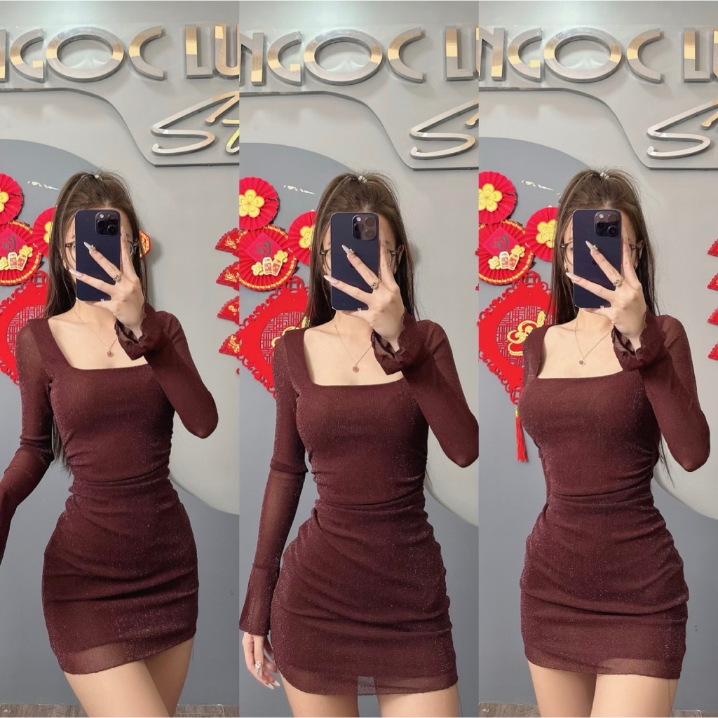 D502 - Đầm Body Ngắn Tay Loe Lấp Lánh