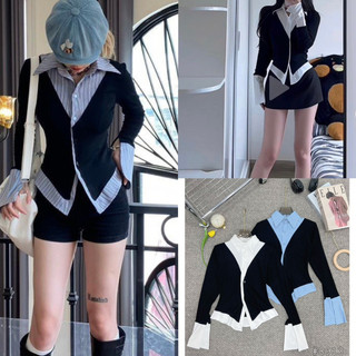 Áo thun đen phối sơmi tay loe vạt nhọn ôm eo style ulzzang 8913
