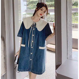 Váy Jeans nữ cổ sen có dây nơ freesize dưới 65kg