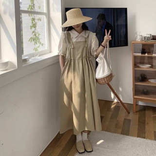 [Ảnh thật/Sẵn] Set yếm babydoll dáng dài kèm áo sơ mi tay bồng viền bèo ulzzang