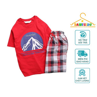 Bộ quần áo caro bé trai JAMIKIDS, set áo cotton quần kẻ caro bé trai size đại 23-57kg
