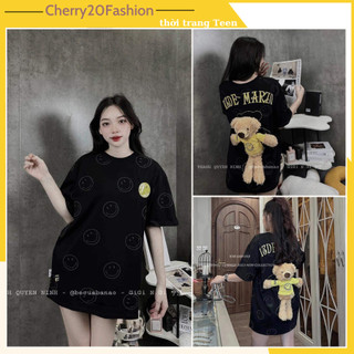 Áo thun nữ gấu mặt cười chữ in 15de đen cực chất, áo phông dáng rộng chất cotton khô thoáng mát thoải mái siêu xinh