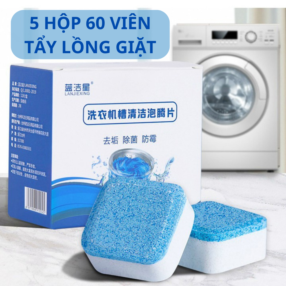 5 Hộp 60 viên tẩy lồng máy giặt, dạng viên tự hòa tan siêu tiện dụng, hỗ trợ diệt khuẩn bảo vệ mặt giặt