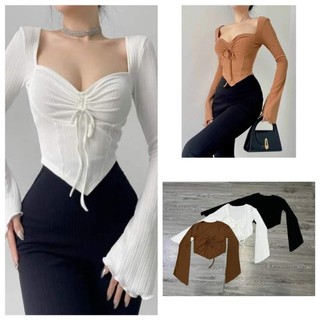 Áo cổ vuông dây rút ngực cột nơ tay dài loe