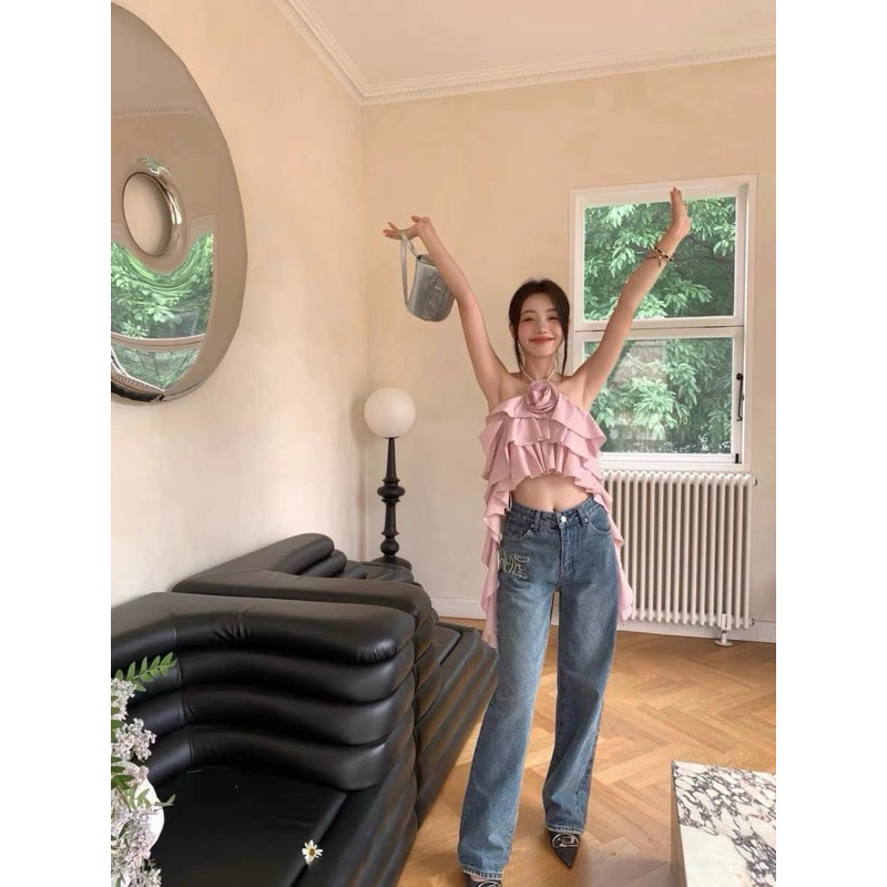 [DTB] ÁO CROP CỘT YẾM BÈO TẦNG ĐÍNH HOA