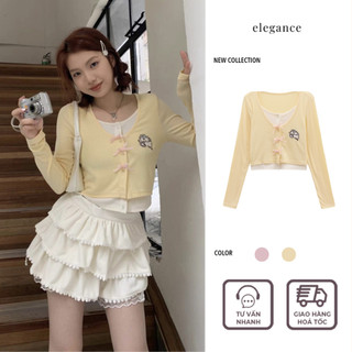  Áo thun hai lớp croptop dài tay cài nút đính nơ form ôm tôn dáng thời trang brandy hot trend mới