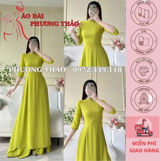 Áo dài truyền thống lụa mỹ đính đá màu xanh cốm, cổ 2 phân, tay lỡ ms cđtl2pxc