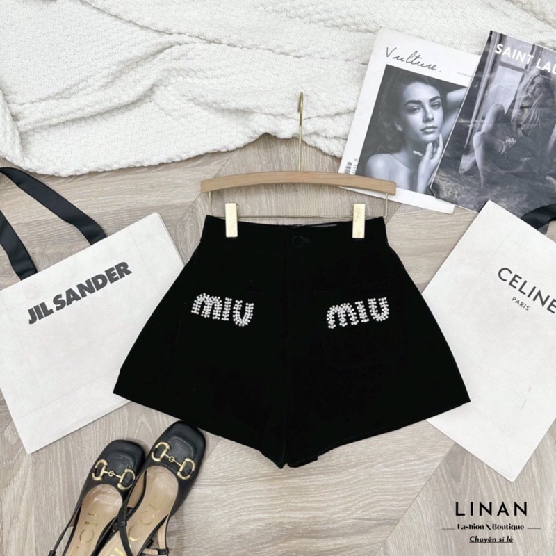 Short nhung gắn tag kim loại đính đá   - LINAN