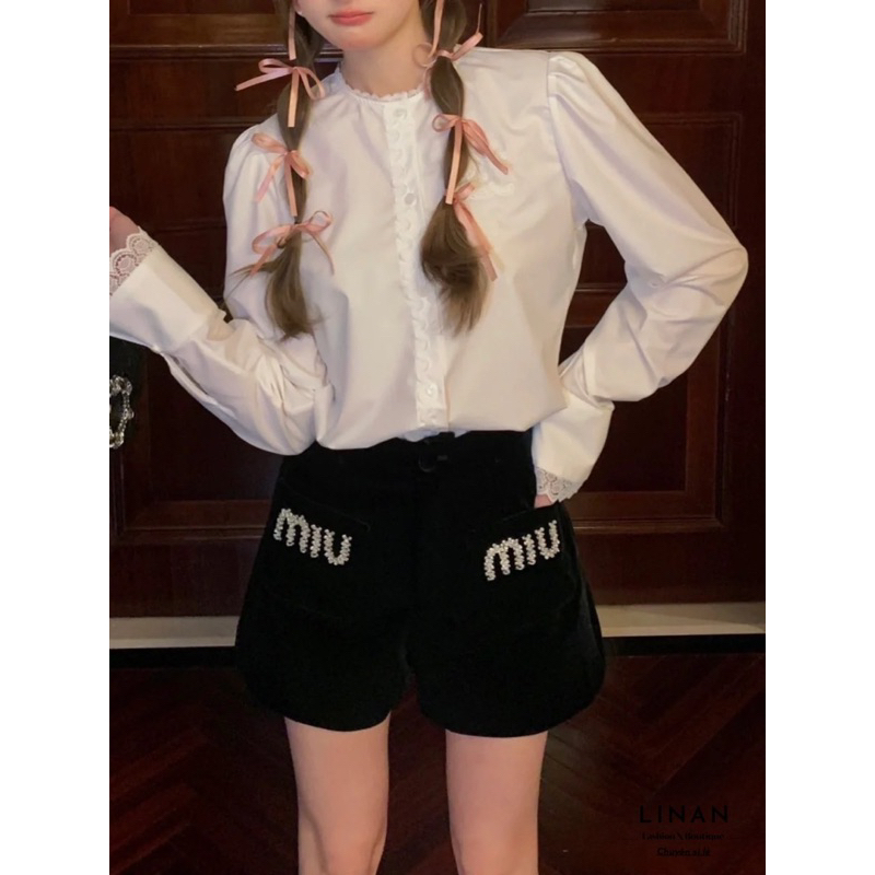 Short nhung gắn tag kim loại đính đá   - LINAN