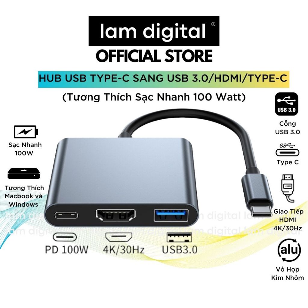 HUB Chuyển Mở Rộng Type-C Sang HDMI, USB 3.0 và Type-C Tương Thích Macbook