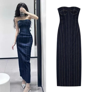 Đầm body ôm bò jean denim quây cúp ngực dáng dài bút chì
