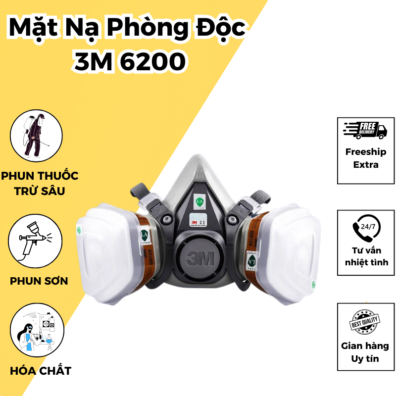 Mặt nạ phòng độc 3M 6200, thiết kế dạng nửa mặt, dễ sử dụng, chống hóa chất độc hại, phun sơn, phun thuốc trừ sâu.