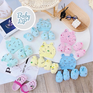 set mũ bao tay bao chân sơ sinh vải 100% cotton hoạ tiết