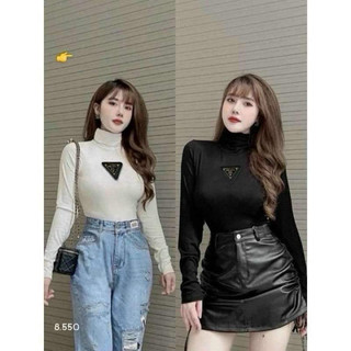 ÁO THUN CROPTOP CỔ LỌ TAY DÀI PHỐI LOGO CỰC XINH CL57