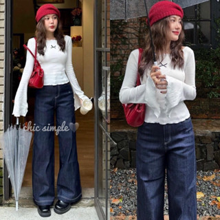 Áo ôm cổ Thuyền Hime đính nơ thun gân, Quần suông chỉ nổi