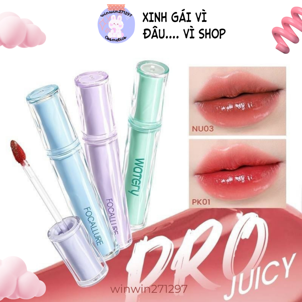 FOCALLURE Son Watery Tint bóng thạch Siêu Căng Bóng Mọng Nước Lâu Trôi dưỡng ẩm chống thấm nước