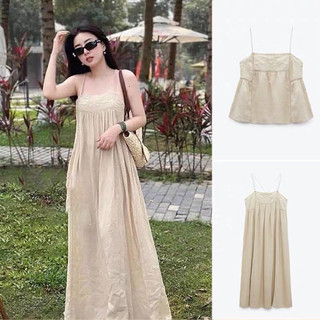 Đầm maxi hai dây màu kem hoạ tiết hàng TQ