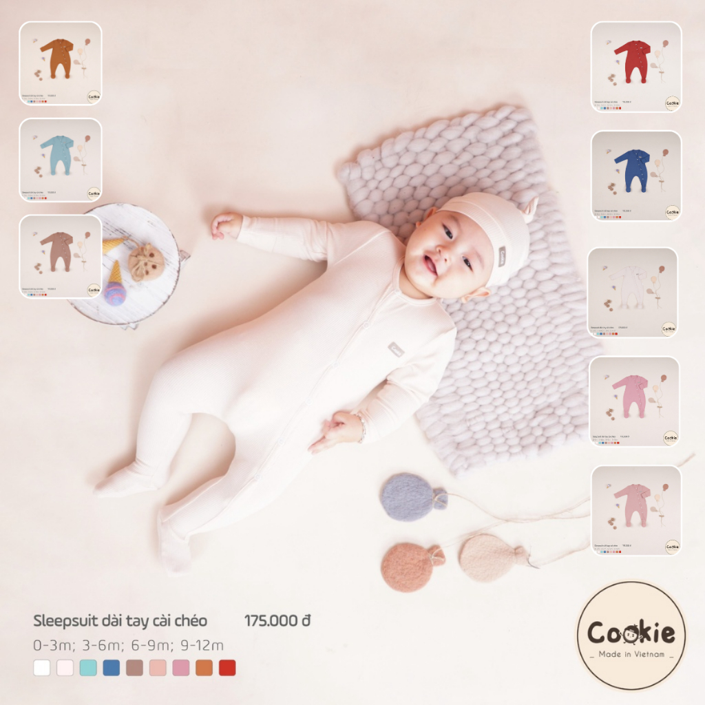 [COOKIE] Bộ Sleepsuit cho bé dài tay cài chéo liền tất & bao tay size 0-3m, 3-6m, 6-9m, 9-12m