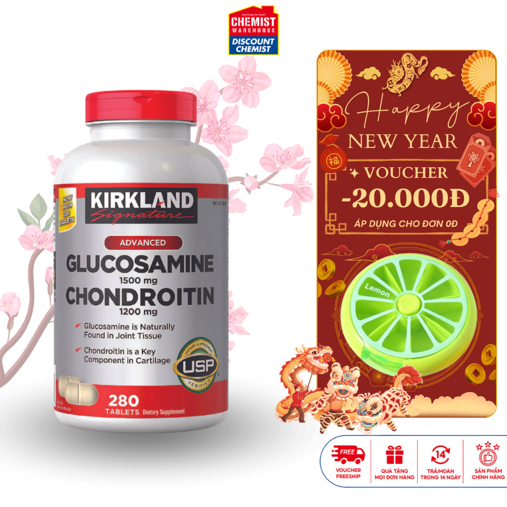 Hỗ trợ các vấn đề về xương, khớp, cơ Glucosamine 1500mg & Chondroitin 1200mg Kirkland Signature Mỹ 280 viên