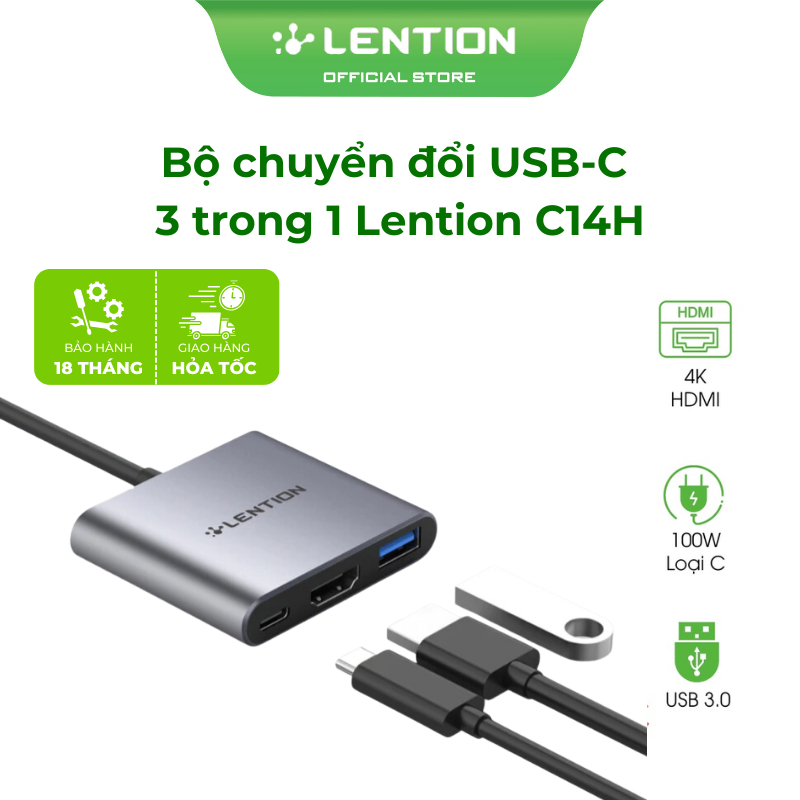 Bộ chuyển đổi Type C 3 trong 1 Lention C14H Màu Xám (Type C ra Type C + USB + HDMI)