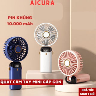 Quạt Mini Cầm Tay Tích Điện N15 Pin 6-8h 5 Tốc Độ Gió, Xoay Linh Hoạt 90 Độ Có Dây Đeo Cổ,Đèn LED Hiển Thị A1CURA