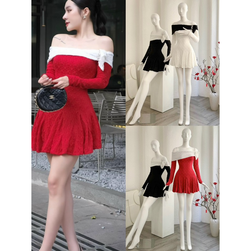 Đầm trễ vai ren pha màu