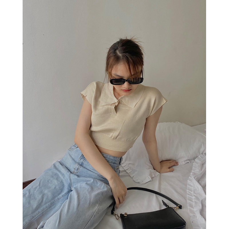 Kho sỉ -Áo croptop nữ cổ polo, Áo croptop nữ len mịn cộc tay hottrendl