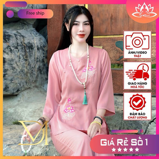 Đồ lam nữ vải lụa trượt cao cấp thêu sen