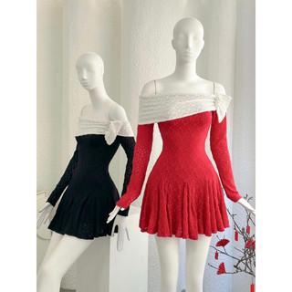 Đầm trễ vai ren pha màu