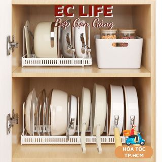 Giá kệ úp nồi xoong, kệ úp vung nắp nồi bằng thép không gỉ có nất chia độ dài linh hoạt EC Life 0834