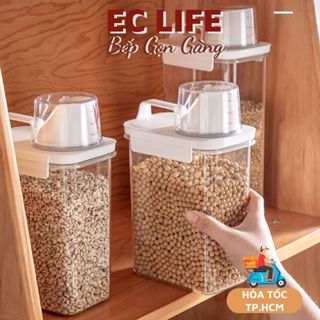 Hộp nhựa đựng thực phẩm khô, Hộp đựng ngũ cốc có tay cầm kèm nắp đong đa năng 0409
