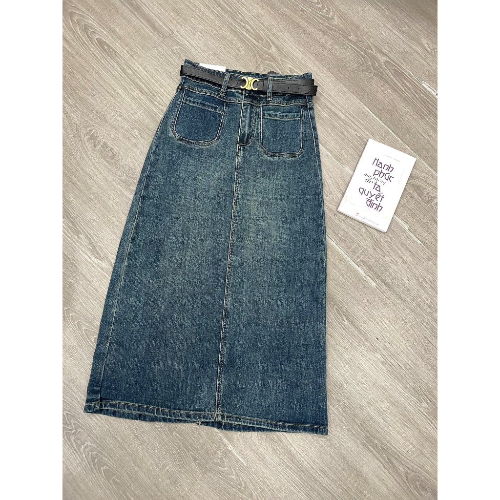 Chân Váy Jean Ôm A Dáng Dài Sẻ Sau Kèm Belt Cao Cấp Min House