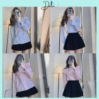 Áo Sơ Mi Cổ Bèo Tay Loe Dáng Babydoll Chất Liệu Kẻ Xốp Đính Cúc Ngọc