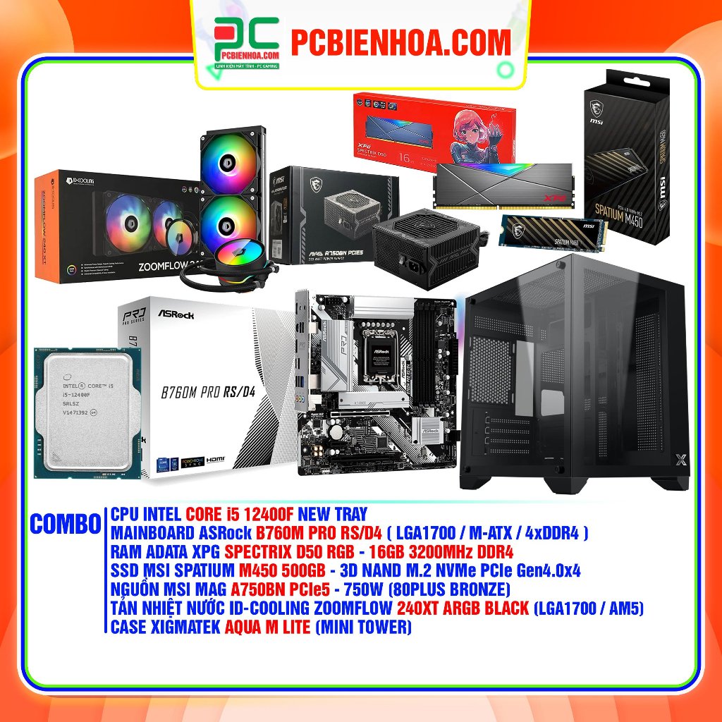 Combo máy tính I5 12400F- B760M 16G 500G 750W-36T