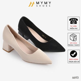 Giày cao gót nữ MyMyShoes đế vuông, cao 5cm, màu đen kem, mũi nhọn - Mẫu giày cao gót 6693