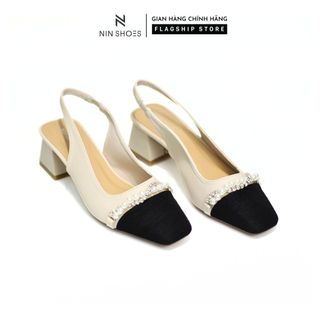 Giày cao gót hở gót Ninshoes thiết kế dây ngọc xoắn đính đá mũi vuông đế vuông cao 5 phân phong cách cá tính trẻ trung
