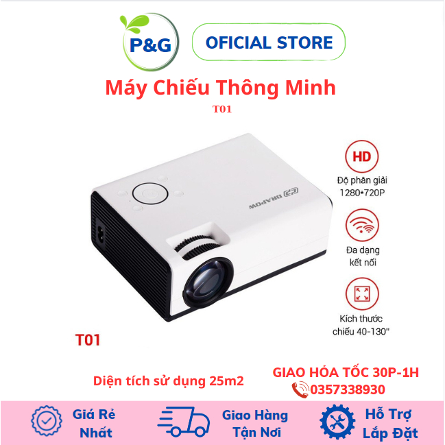 Máy chiếu thông minh hãng Drapow T01, máy chiếu mini tại nhà chạy Android, có Youtube, Netflix màn mượt