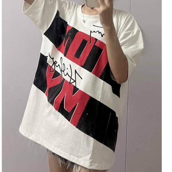 Áo thun nữ tay lỡ chất cotton su in CHỮ ĐỎ MY unisex form rộng