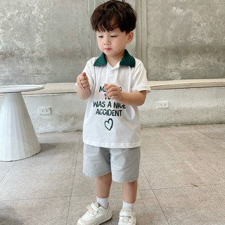 Set bộ Polo cộc tay bé trai Bernie in chữ Meeting you phong cách Hàn Quốc