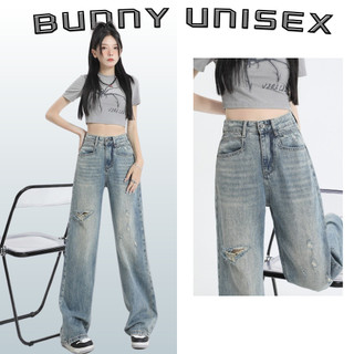Quần jean nữ rách rối lưng cao dáng dài DELIZ rin ống rộng phối đồ cá tính BUNNY