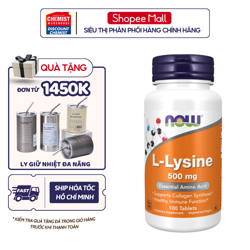 Now L- Lysine 500mg 100 viên của Mỹ hỗ trợ giảm mụn, bổ sung dinh dưỡng cho da, móng, tóc, tăng sinh collagen